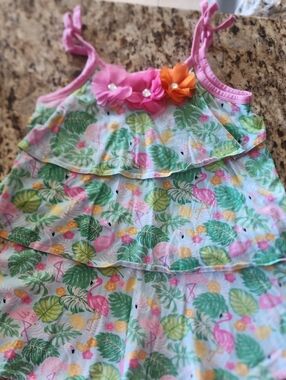 Sz 4T Good Lad Pink Trimmed Tiered Cotton Dress In Tropical Print